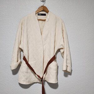 Women's Zara Quilted Cardigan With Belt Size Small Cream Color Minimalist Boho